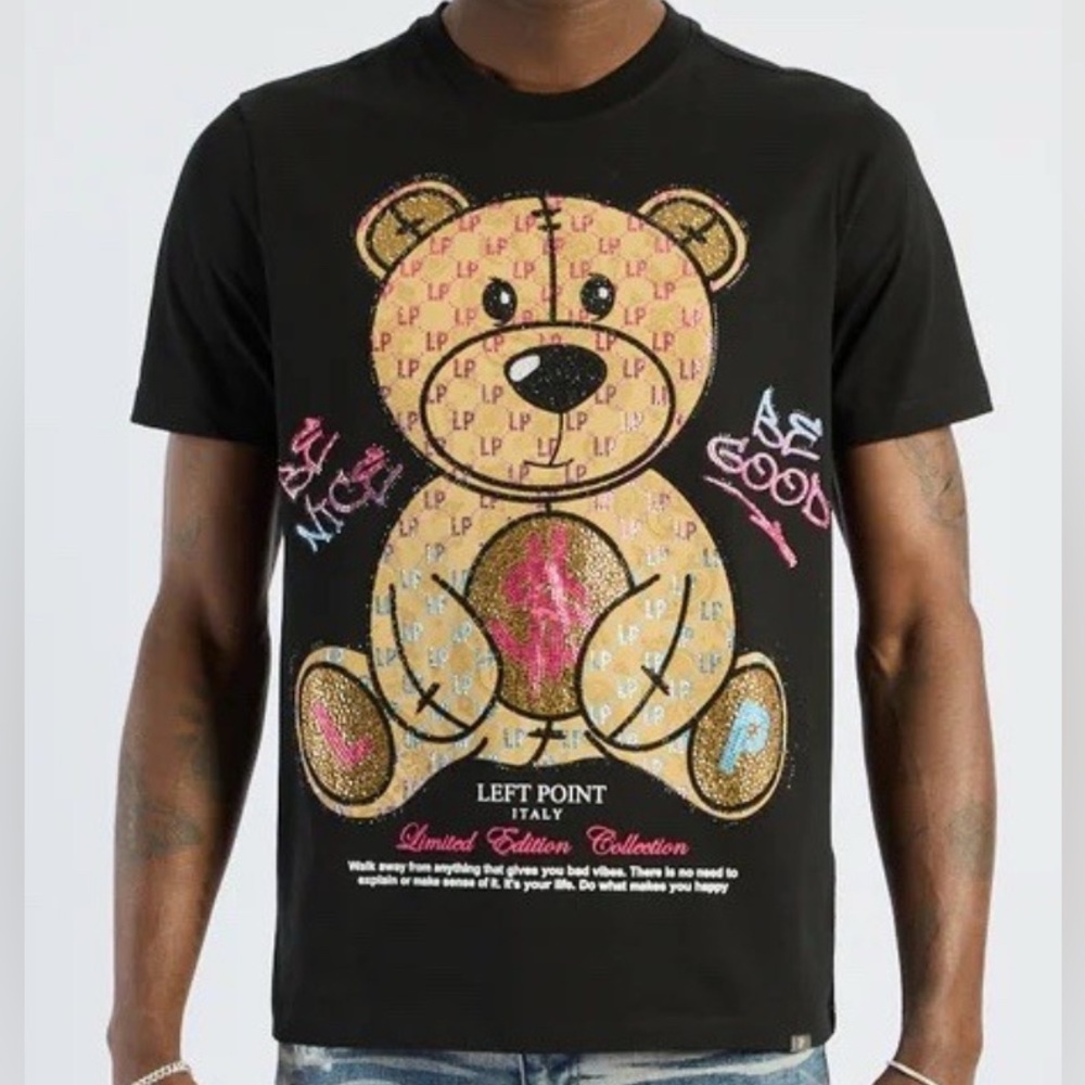 NWT [Left Point] Teddy Bear w Money Rhinestone Positive Affirmation Shirt Mens S